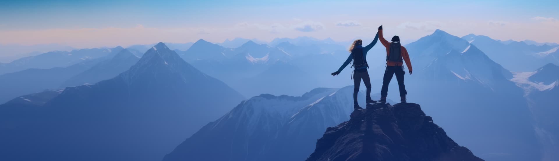 Uomo e donna che si tengono per mano su una montagna